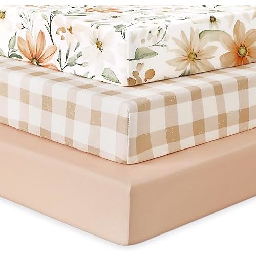 Baby Crib Sheets for Boys Girls, Fitted Crib Sheet Neutral 3 Pack for Standard Crib and Toddler Mattress, Breathable Soft Microfiber Baby Sheet 28x52x8in Orange Flowers & Plaid