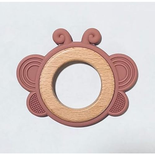 LogiBear Animal Baby Teether Ring for 6+ Months, Non-Toxic BPA Free Food Grade Silicone and Beech Wood, Baby Tested for Easy Grip and Soothing Teething Pain (Butterfly, Pink)