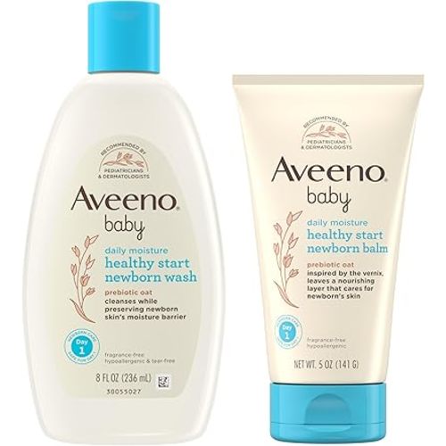 Bundle of Aveeno Baby Healthy Start Newborn Wash, Hypoallergenic Baby Body Wash with Prebiotic Oat, Fragrance-Free, 8 fl. oz + Newborn Balm, Baby Skin Balm with Prebiotic Oat , Fragrance-Free, 5 oz