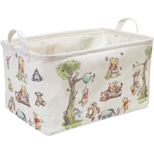Square Winnie Nursery Storage Basket With A Waterproof PE Coating, Foldable Large Canvas Laundry Hamper, Decorative Storage Baskets Suitable For Bathroom and Bedroom (White)