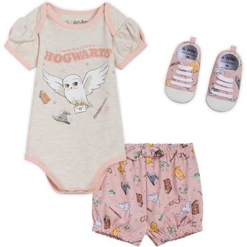 Harry Potter Baby Bodysuit, Shorts and Shoes 3 Piece Outfit Set Newborn to Infant Sizes (0-3 Months - 24 Months)
