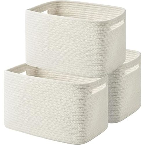 Storage Basket - Woven Cotton Rope Baskets for Organizing, Decorating Shelves, Books, Towels, Toys - 3 Pack - White