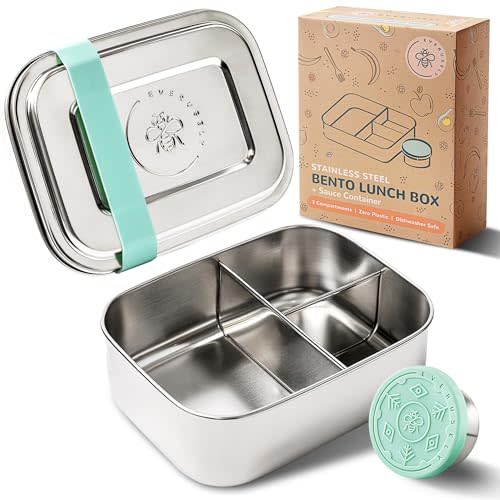 Everusely - Bento Box for Kids - Green, 6.5x4.7 / 27oz - Stainless Steel Lunch Box w/Leakproof Condiment Container - 3 Compartment Snack Box for School, Office Meals - Freezer & Dishwasher Safe
