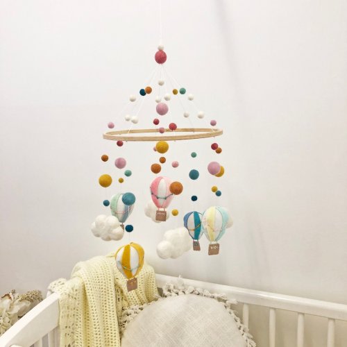 Scandi rainbow hoop hot air ballon and cloud mobile, felt ball mobile, handmade mobile, neutral gender nursery, baby mobile, felt mobile,