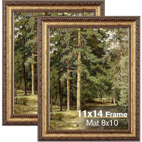 11x14 Gold Picture Frame, 2 Pack Ornate Vintage Picture Frames for Wall or Tabletop Display, 11x14 Photo Frame Gold with Real Glass, Display Poster 8x10 with Mat or 11x14 without Mat for Antique Déco