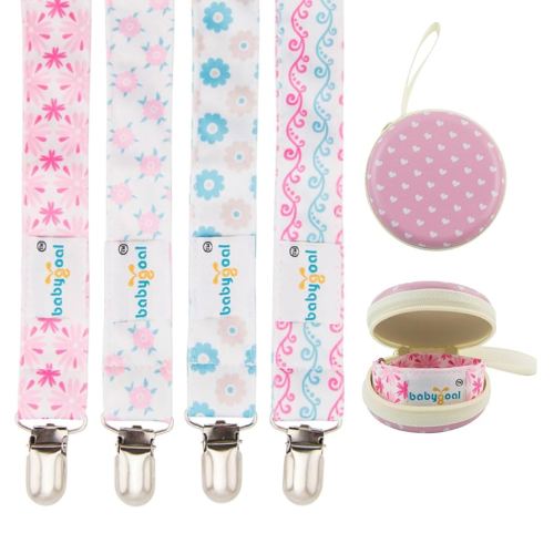 Babygoal Baby Girl Pacifier Clips with Pacifier Case, 4 Pack Metal Teething Clips & Pacifier Clips for Boys and Girls Fits Most Pacifier Styles & Baby Toys and Baby Gift 4MP04-HZ