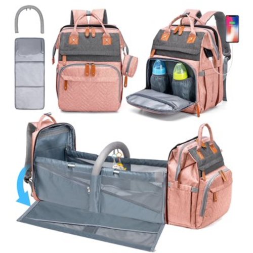 Kabaqoo Baby Diaper Bag backpack, Multifunctional Diaper Backpack with Changing Station Pink