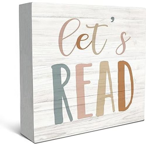 Let's Read Wood Box Sign Desk Decor, Inspirational Kids Wooden Block Box Sign Decoration For Home Kids Room Nursery Playroom Shelf Table Decor