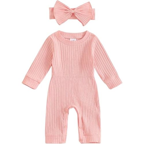 Winioder Newborn Baby Girl Fall Clothes Ribbed Long Sleeve Romper Jumpsuit with Headband Infant 2Pcs Coming Home Outfit - Pink
