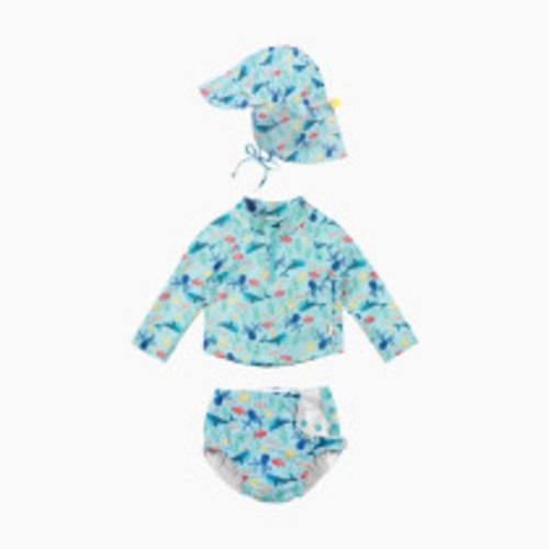 GREEN SPROUTS UPF 50+ Snap Swim Diaper & Rashguard Set with Hat - Aqua Sea Celebration, 0-6 Months