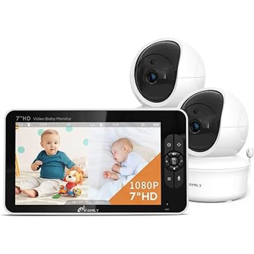 7" Large Split Baby Monitor with 2 HD Cameras and Audio, 1080P HD Video Baby Monitor No WiFi,Hack Proof, Remote Control,VOX Mode, Auto Night Vision, Built in Lullabies n White Noise