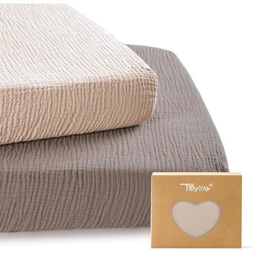 TILLYOU Muslin Mini Crib Sheets 2 Pack, Pack and Play Mattress Sheets Fitted for Pack N Play, 38 x 26 Sheet for Toddler, Grey and Purple
