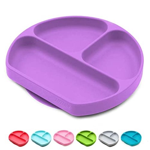 Silicone Suction Plates for Babies, Stick to High Chair Trays and Table, Divided Baby Dishes, Perfect Kids Plates, BPA FREE - Purple