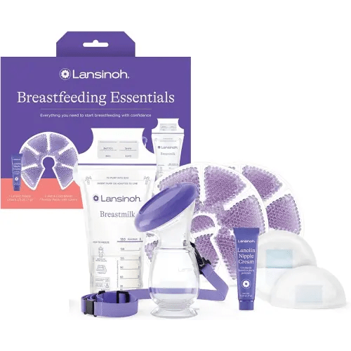 Lansinoh Breastfeeding Essentials Kit for New Moms with Nursing Pads, Breastmilk Storage Bags, Nipple Cream, Hot and Cold Breast Therapy Packs, Silicone Breast Pump, 77 Piece Gift Set