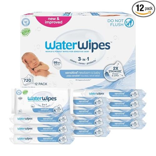 WaterWipes Sensitive+ Newborn & Baby Wipes, 3-In-1 Cleans, Cares, Protects, 99.9% Water, Unscented & Hypoallergenic, 720 Count (12 Packs)