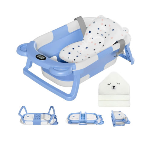 MoreFeel Collapsible Baby Bathtub for Newborn with Thermometer & 1 Hooded Towel & 1 Soft Floating Cushion,Portable Travel Bathtub with Drain Hole, Durable Foldable Baby Tubs for Infants to Toddler