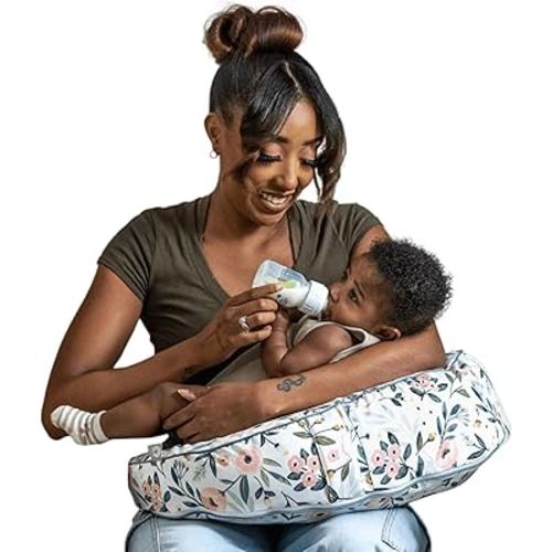 Boppy Uplift Nursing Pillow - Wedge Bottle & Breastfeeding Pillow to Reduce Spit-Up and Reflux Symptoms, with Body-Inclusive Opening and Belt, Baby Safety Alliance Verified - Pink Garden Flowers