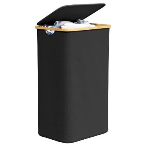 110 L Laundry Hamper with Lid features Bamboo Handle,Black