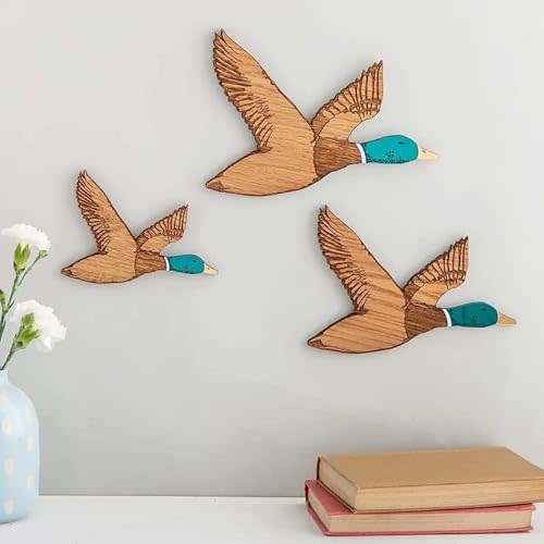 3Pcs Wooden Mallard Duck Wall Art Rustic Flying Birds Wall Decor Carved Wood Wall Art For Home Living Room Unique Wood Ducks Wall Decor For Bedroom Office