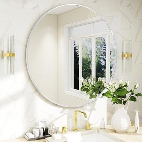 BEAUTYPEAK 24 Inch Round, Metal Frame Mirror in White