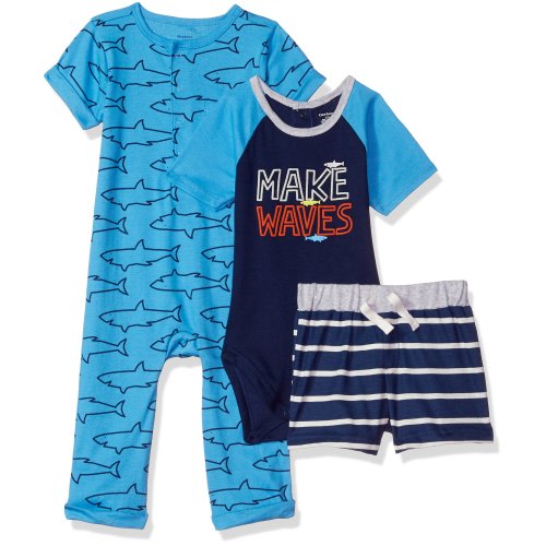 GERBER Baby Boys' 3-Piece Coverall, Bodysuit and Pant Set, Sharks, 3-6 Months