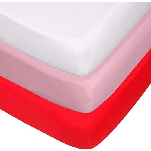 Belsden 3 Pack Microfiber Durable Crib Sheets Fitted, Silky Soft Smooth Breathable Baby Sheets Set for Girls, 28''x52'' Fits Standard Crib and Toddler Mattresses, White & Pink & Red