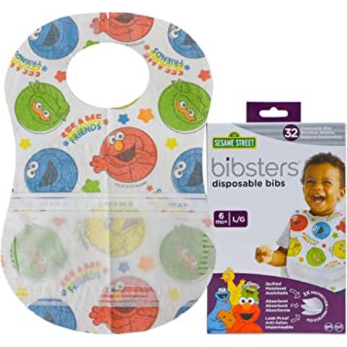 Sesame Street Large Disposable Bibs with Patented Crumb-Catcher, Leakproof Liner, and Reusable Fastener -Age 6 Months and Up 32 count (Pack of 1)