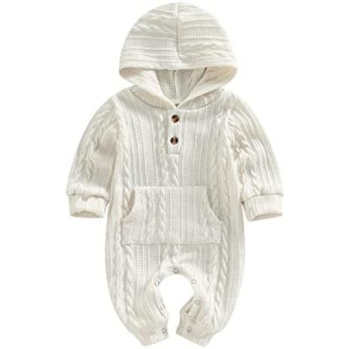 Infant Boys Girls Knit Sweater Romper Baby Toddlers Long Sleeve Hooded Button Up Winter Outfits with Pocket