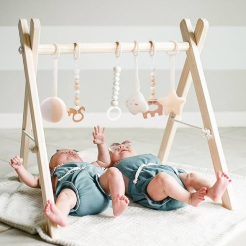 Wooden Baby Gym with 6 Gym Toys, Foldable Baby Play Gym, Natural Pine Wood Play Gym, Frame Activity Center Hanging Bar, Wooden Play Gym