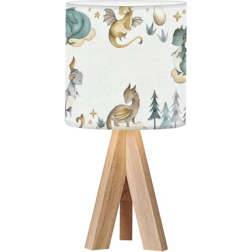 Tripod Bedside Desk Table Lamp Dragon Baby Animals Watercolor Wood Nightstand Lamp with Linen Fabric Shade for Nursery Bedroom Living Room Kids Room