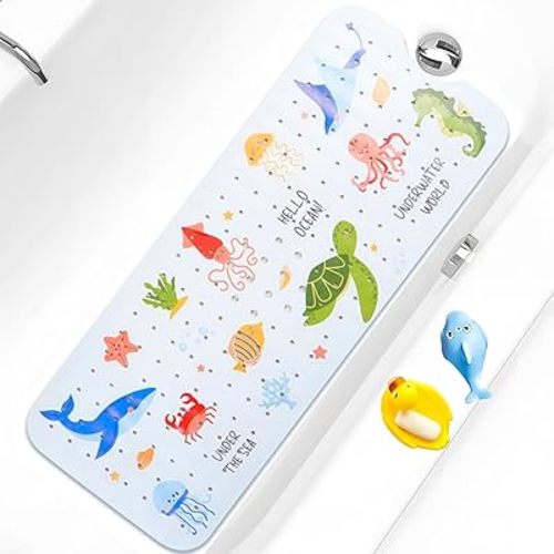 Baby Bath Mat for Tub Non Slip Kids Bathtub Mat Extra Long 40X16 Inch Toddler Bath Tub Shower Mat Anti Slip with Suction Cups & Drain Holes, Machine Washable (Under The sea)