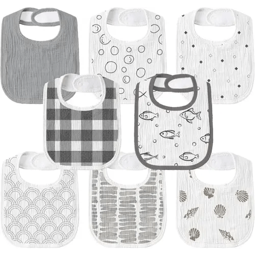 GLLQUEN BABY Muslin Drool Bibs for Boys Girls 8 Pack, Adjustable Baby Bibs for Drooling and Teething, Soft Cotton Baby Bandana Bib for Newborn Feeding Essentials (Fish)