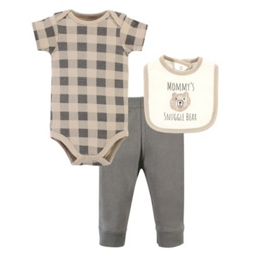 Hudson Baby Cotton Bodysuit, Pant and Bib Set, Snuggle Bear, Size: 3-6 months