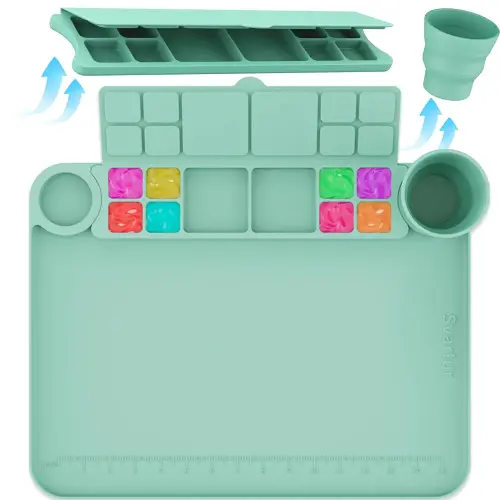 Silicone Painting Mat With Cup and Palette Detachable, 17"X13" Thick Craft Mat With Raised Edge for Artist, Kids Painting Station Creator Mat, Green