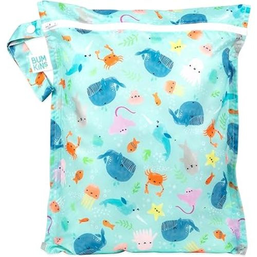 Bumkins Waterproof Wet Bag for Baby, Travel, Swim Suit, Cloth Diapers, Pump Parts, Pool, Gym Clothes, Toiletry, Strap to Stroller, Daycare, Zipper Reusable Bag, Wetdry Packing Pouch, Ocean Life Blue