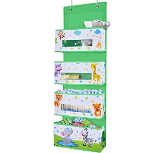 WERNNSAI Jungle Animal Over the Door Hanging Organizer - 4 Clear Window Pockets, Oxford Cloth Material, Suitable for Children's Rooms, Kindergartens, Nurseries