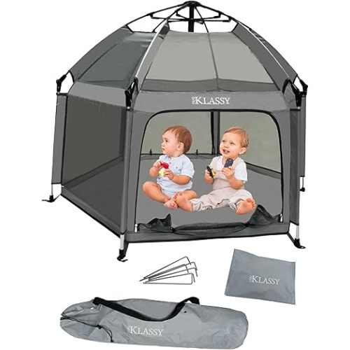 Premium quality Indoor and Outdoor foldable Baby PLAYPEN, baby PlayYard, Popup Tent, PopUp Pack and Play with UV50 Shade cover/Canopy, Waterproof Polyester / B3 Mesh - Ultimate Gray