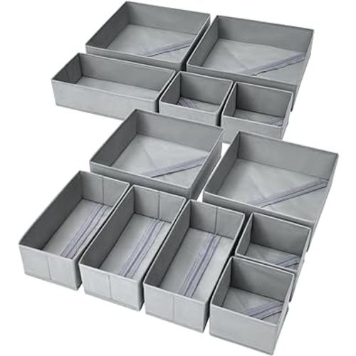 DIMJ Drawer Organizer Clothes, 12 Pack Underwear Organizer, Foldable Closet Organizers, Sock Organizer Bra Organizer, Fabric Dresser Organizer for Clothes, Bra, Socks, Tie (Grey)
