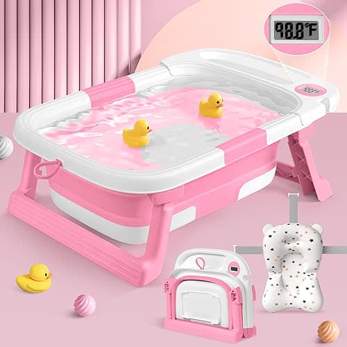 Collapsible Baby Bathtub for Newborn to Toddler, Portable Foldable Baby Bathtub with Soft Cushion and Water Thermometer,No-Slip Hanging Travel Baby Bath Tub for Infants 0-36 Months, Pink