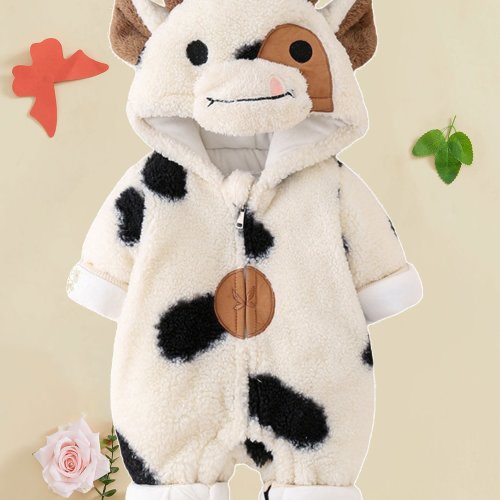 Baby Girls Boys Winter Plush Jumpsuit Long Sleeve Cartoon Cow Print Zipper Hooded Romper