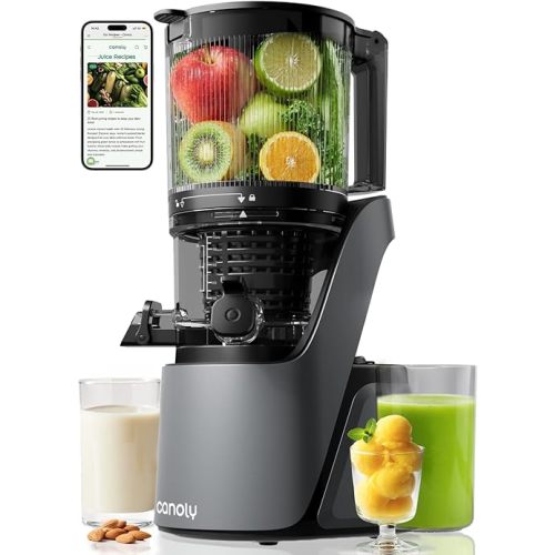 Canoly C16 Cold Press Juicer, 6" Extra Wide Feed Chute, 3-IN-1 Strainers (Juice & Sorbet & Nut Milk), Powerful AC Brushless Motor, Self Precut System, Juicer Machines with BPA-Free (Space Gray)