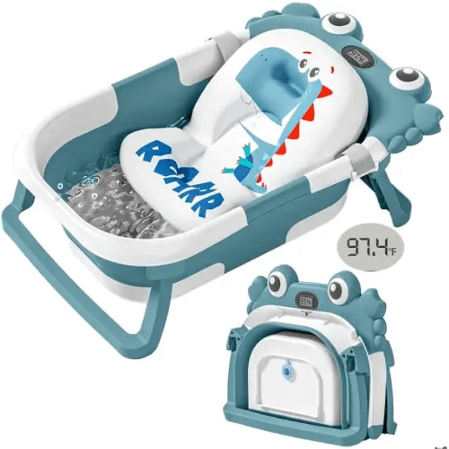 Collapsible Baby Bathtub for Newborns with Thermometer and Soft Floating Cushion Portable and Foldable Travel Baby Bath Tub for Infants to Toddler 0-36 Month (Blue)