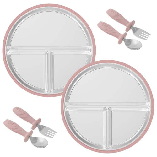 Qenwkxz 2 Pcs Stainless Steel Baby Suction Plate with Spoons and Forks Set Divided Toddler Plate with Removable Silicone Sleeve for Baby Led Weaning Supplies Dishwasher Safe