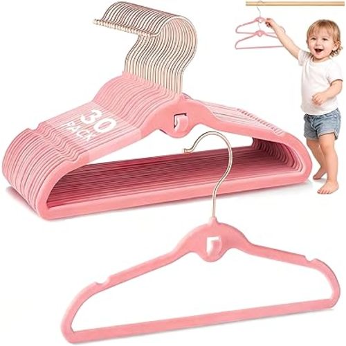 Baby Velvet Stackable Hangers 30 Pack, 11 Inches Pink Kids Clothes Hangers for Closet, Non Slip Toddler Infant Hanger for Nursery, Thin Space Saving Children Felt Hanger with 360° Swivel Hooks