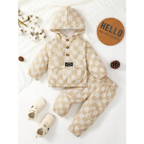 Baby Boy Checker Print Letter Patched Detail Hoodie & Sweatpants