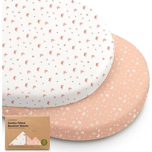 2-Pack Organic Bassinet Sheets for Girls, Boys - 100% Cotton Bassinet Mattress Sheets Compatible with Halo Bassinest Swivel Sleeper, Graco, Baby Delight, Chicco, Fitted Bassinet Sheets (Butterflies)