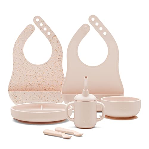 Lalo First Bites Silicone Baby Feeding Set - Baby Led Weaning Supplies - Non-Toxic Silicone - Includes 2 Bibs, 2 Spoons, Training Cup, Suction Plate and Bowl - 6 Pieces - Grapefruit