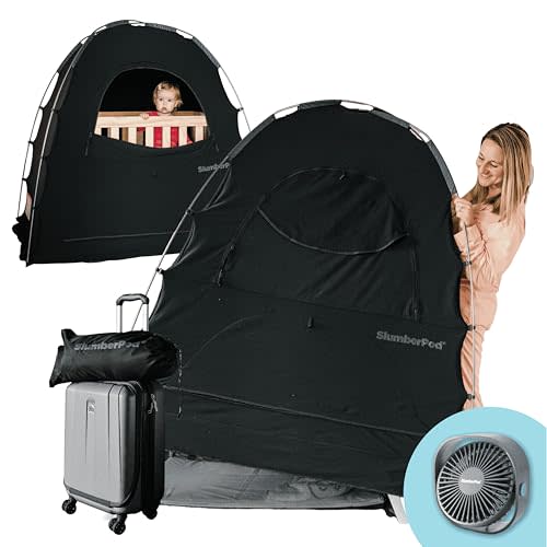SlumberPod with Fan The Original Blackout Sleep Tent Travel Essential for Baby and Toddlers, Mini Crib and Pack n Play Cover, Sleep Pod with Monitor Pouch and Fan Pouch, Blocks 95%+ Light, Black