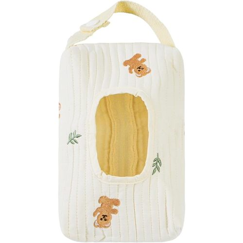 Quilted Baby Wipe Holder Floral Diaper Pouch Portable Quilted Wipes Bag for Car, Stroller (Bear with Leaves)