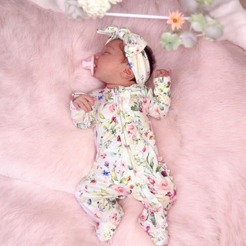Peony Garden ruffle footie 0-3mo and matching headband set
